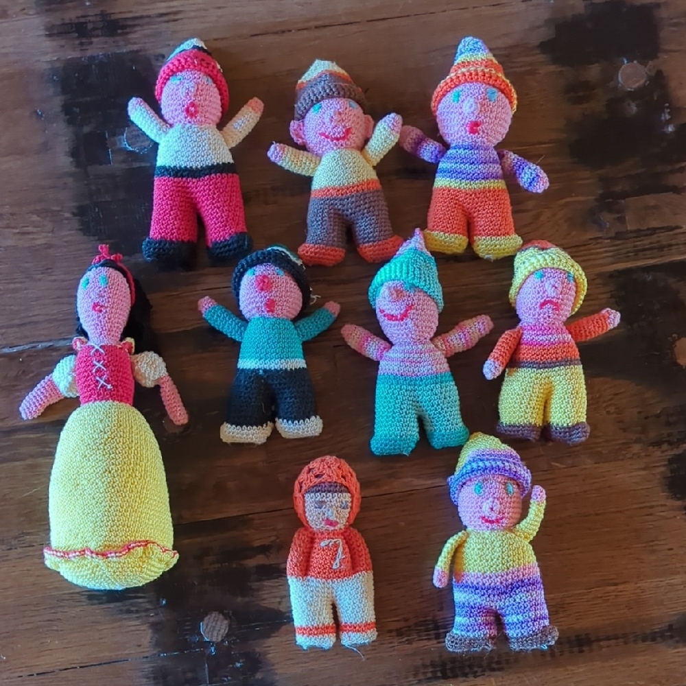 Expertly Crocheted Colorful Snow White and the 7 Dwarves! Bonus John Elway. EVC